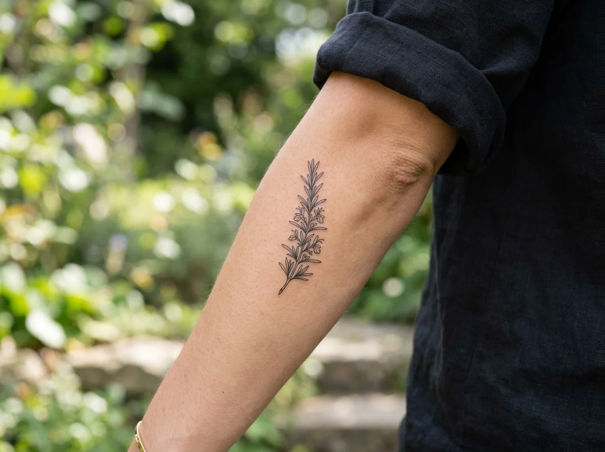 Tatuagem de alecrim feminina no antebraço com composição vertical fine line