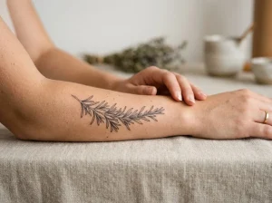 Tatuagem de alecrim feminina em fine line no antebraço, estilo botânico delicado