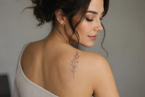 Mulher com tatuagem feminina de lavanda na omoplata em estilo fine line