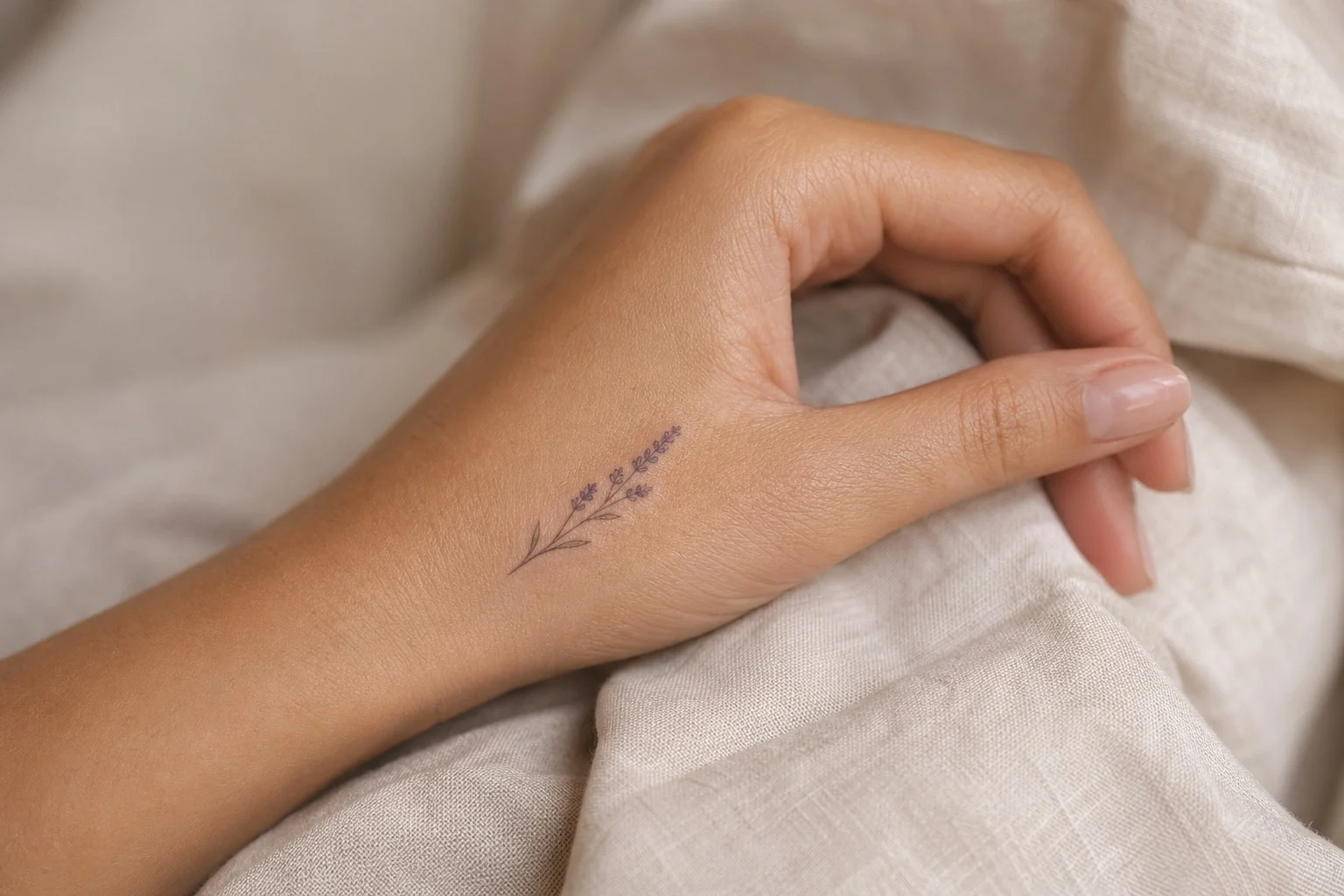 Mão feminina com tatuagem delicada de lavanda perto do polegar