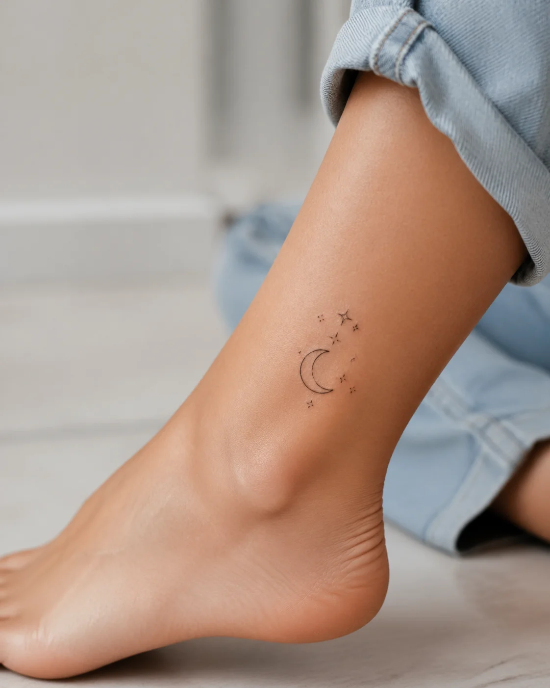 Mulher com tatuagem delicada de lua e estrelas no antebraço em estilo fine line