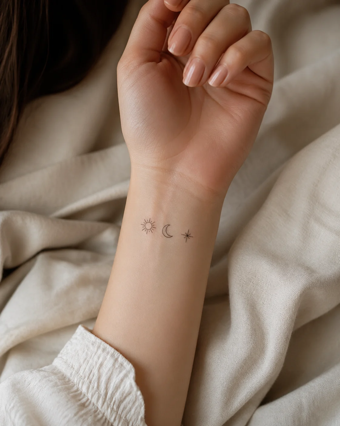 Tatuagem de constelação nas costas com traço fino e estilo minimalista