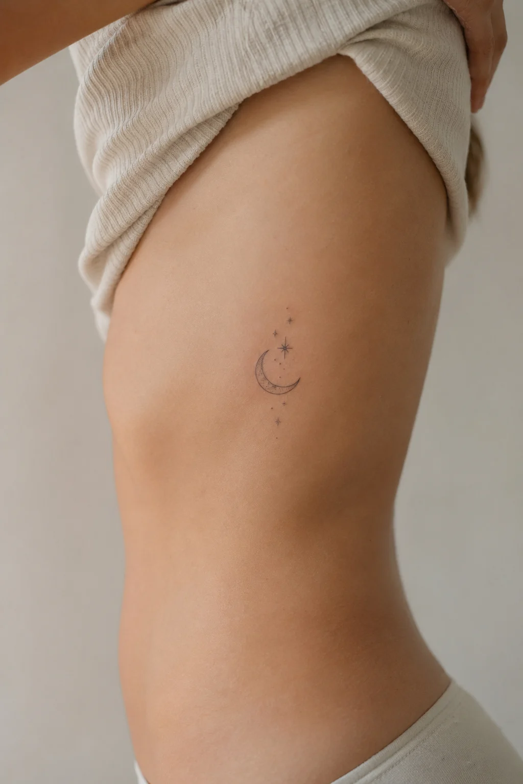 Tatuagem pequena de sol, lua e estrela no pulso de uma mulher adulta