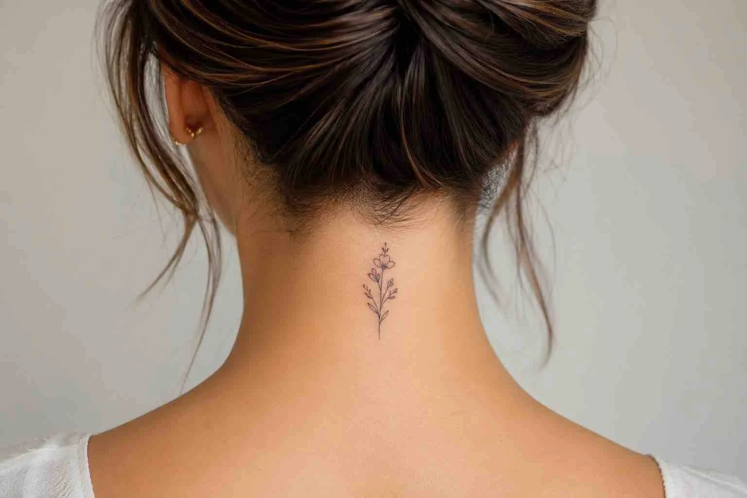 Tatuagem feminina na nuca em estilo fine line com flor delicada