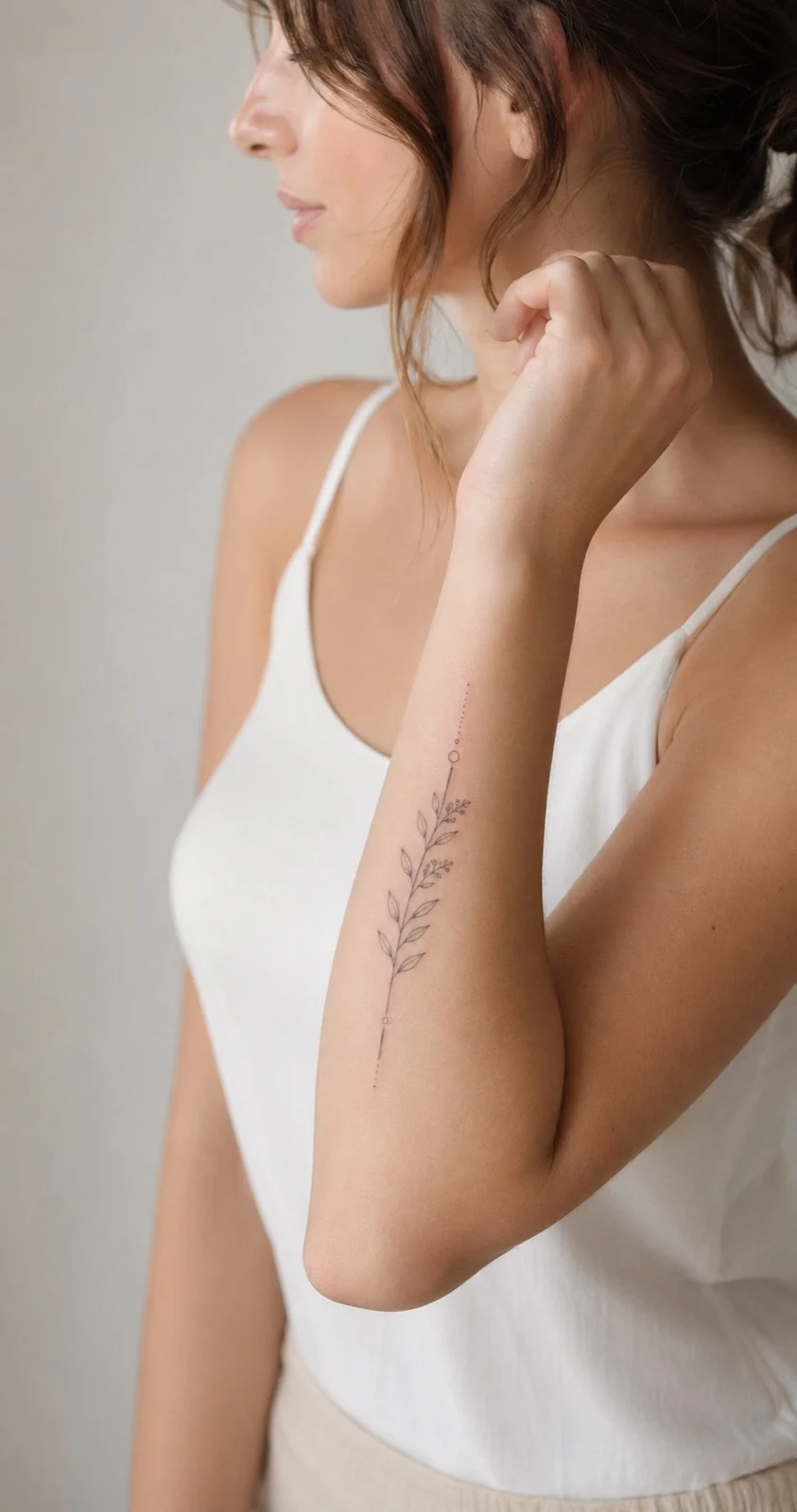 Tatuagem fina e delicada no antebraço interno de uma mulher adulta
