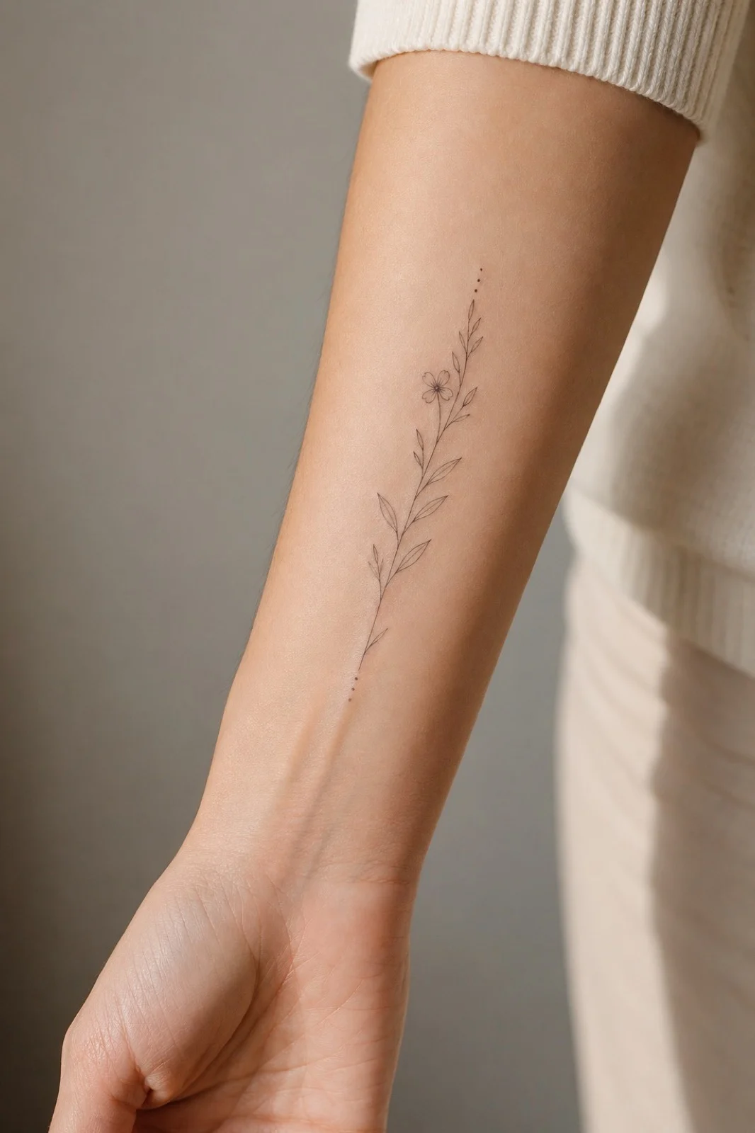 Close-up editorial de tatuagem delicada no antebraço interno