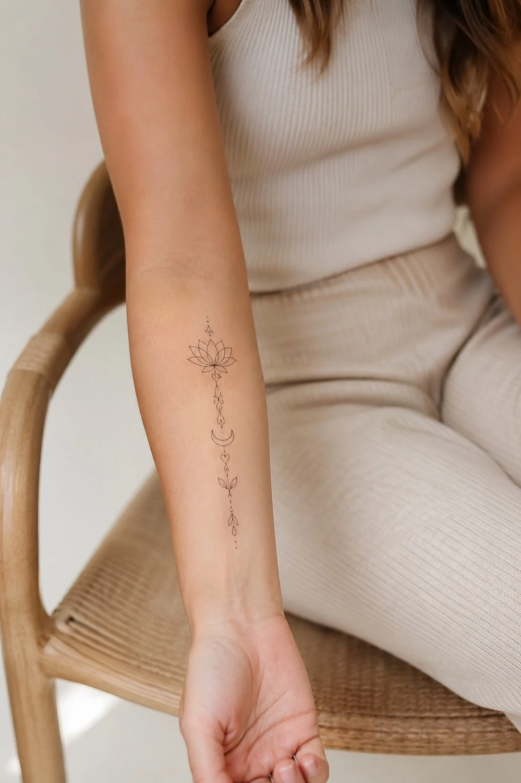 Antebraço feminino com tattoo minimalista e fine line em luz suave