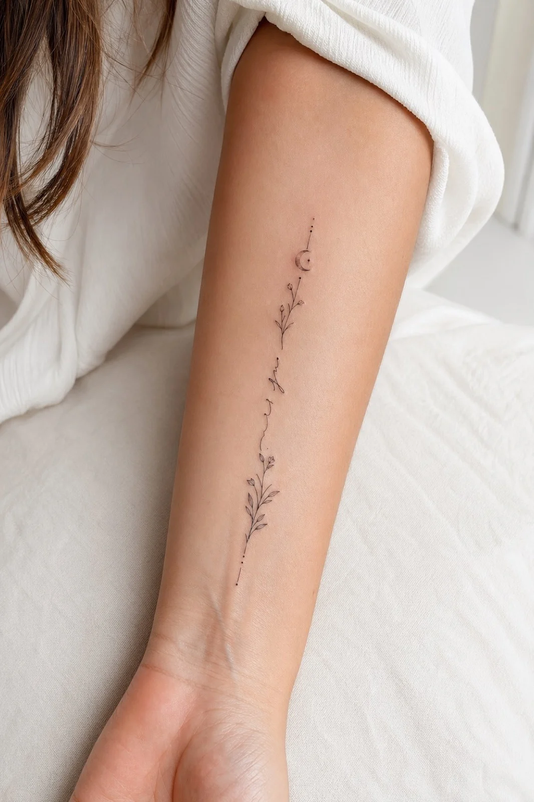 Imagem editorial de tatuagem delicada no antebraço interno com composição vertical