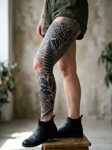 Tatuagem blackwork na perna inteira feminina em estilo blackart, com composição de leg sleeve e contraste em preto.