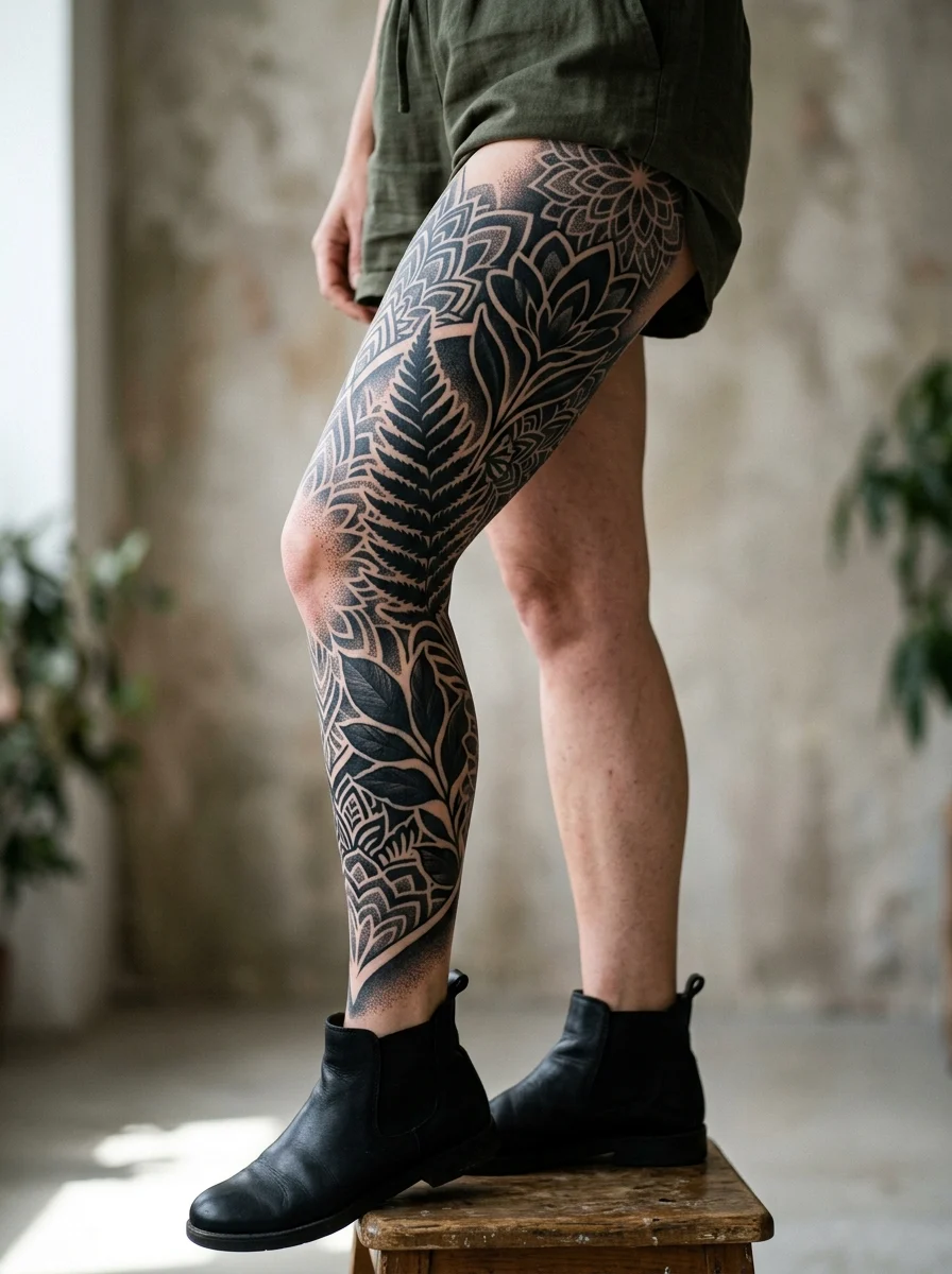 Tatuagem blackwork na perna inteira feminina em estilo blackart, com composição de leg sleeve e contraste em preto.