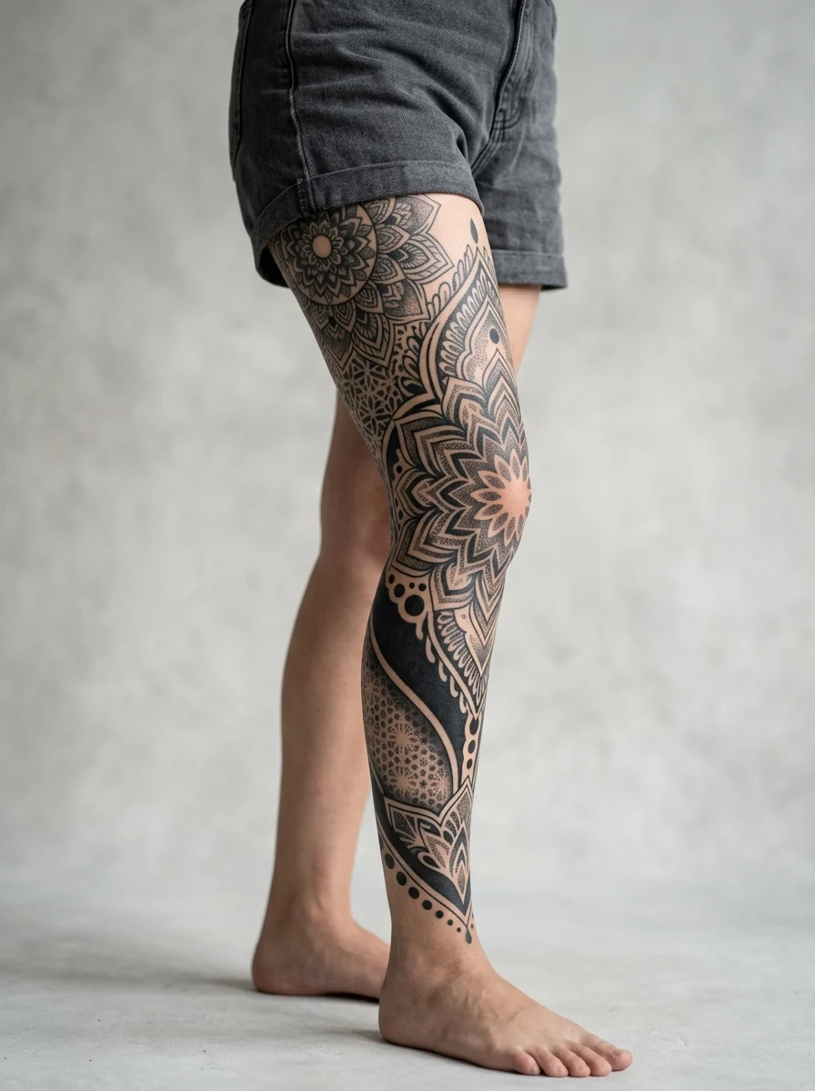 Tatuagem blackwork na perna inteira feminina com padrão ornamental, preto sólido e áreas de negative space.
