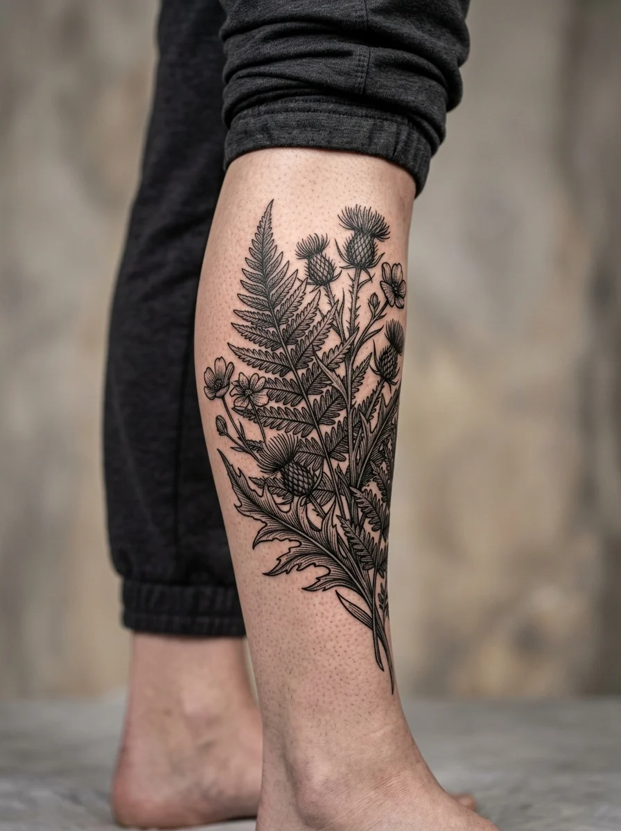 Tatuagem blackwork na canela inspirada em gravura, com hachuras finas e contraste elegante.