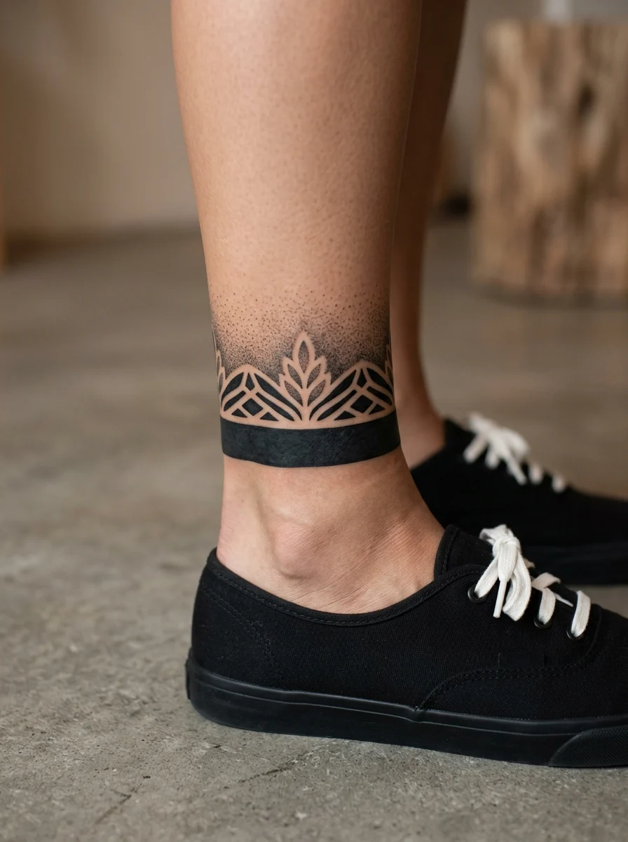 Acabamento de tornozelo em leg sleeve blackwork feminina com faixa preta e recortes em negative space.