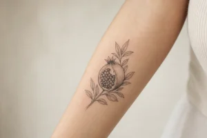tatuagem feminina de romã em fine line no antebraço
