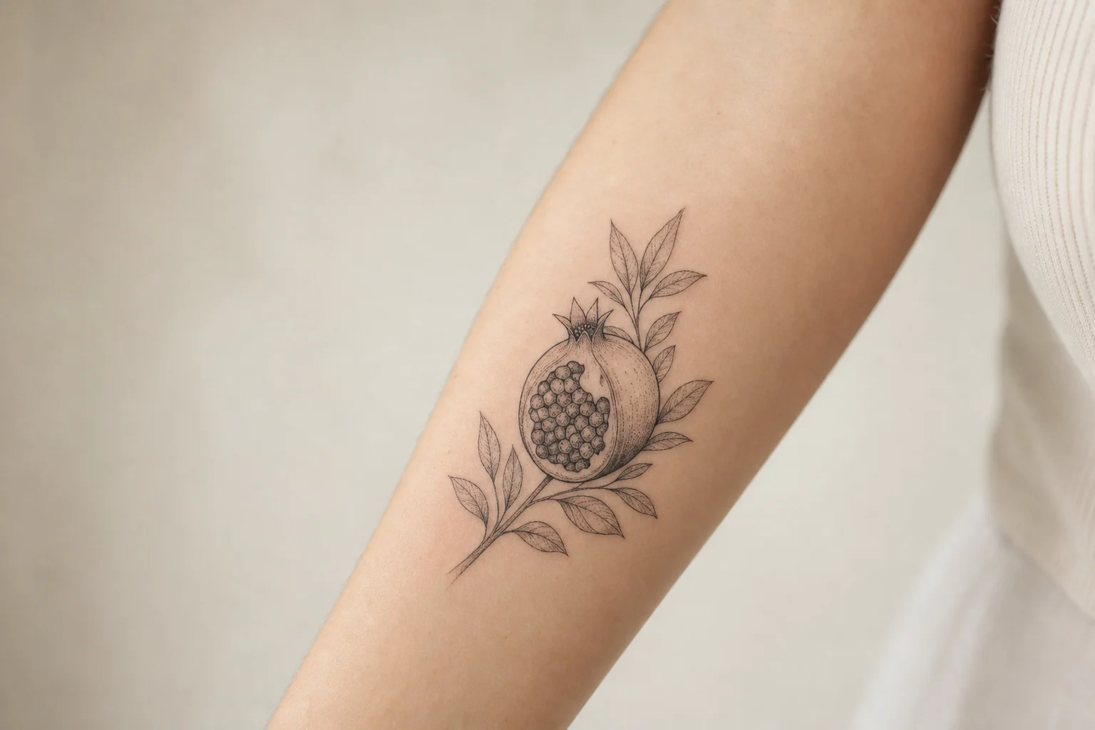 tatuagem feminina de romã em fine line no antebraço