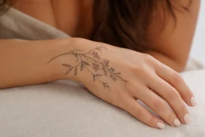 Mulher adulta com tatuagem feminina delicada nas costas da mão em estilo fine line