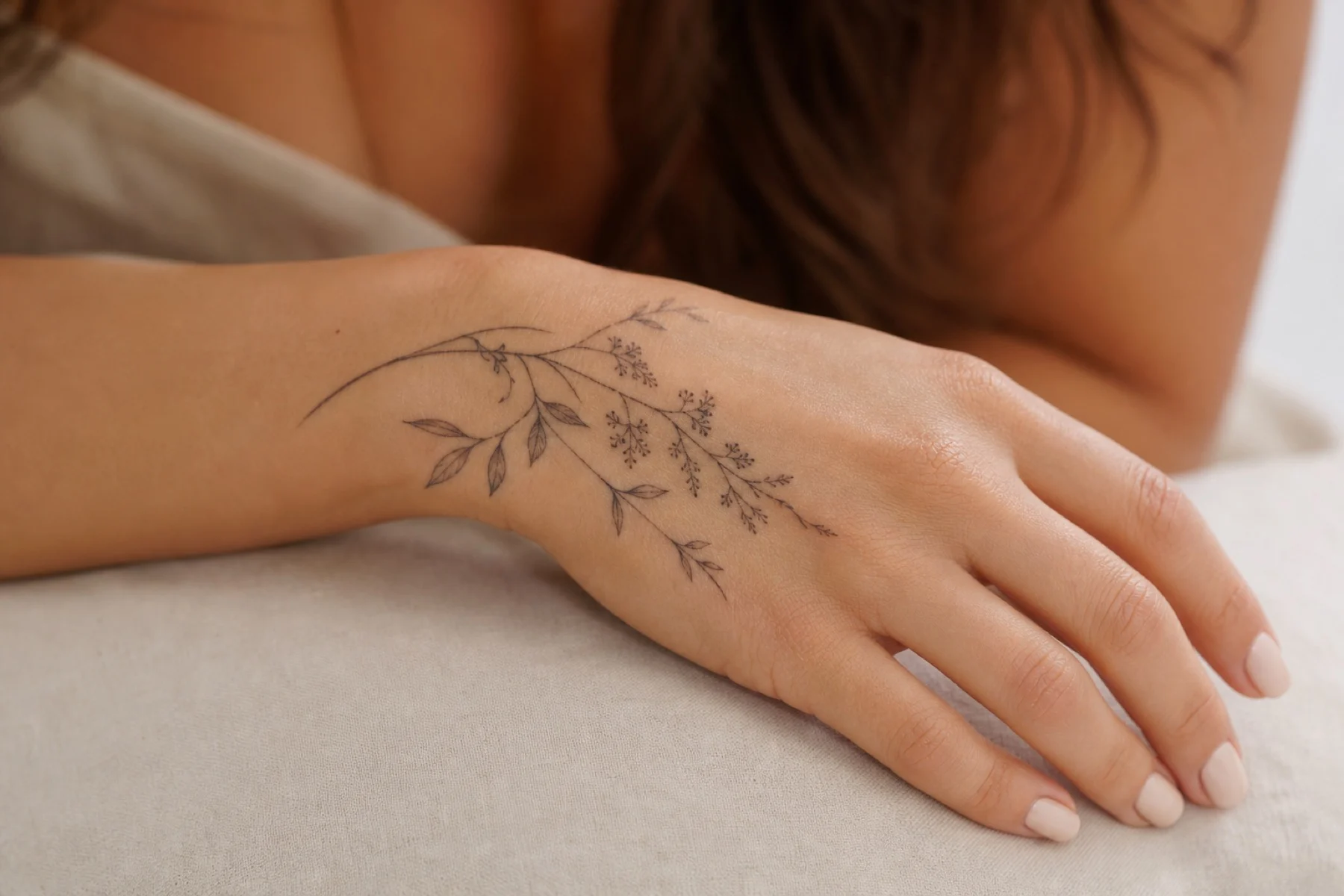 Mulher adulta com tatuagem feminina delicada nas costas da mão em estilo fine line