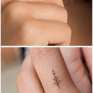 Tatuagem feminina no dedo com desenho delicado em traço fino