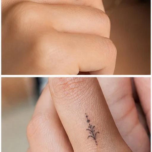 Tatuagem feminina no dedo com desenho delicado em traço fino