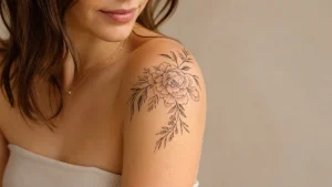 capa horizontal de tatuagem feminina no ombro com desenho floral fine line