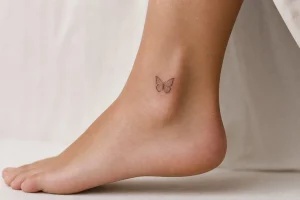 Tatuagem feminina no tornozelo com desenho delicado em fine line