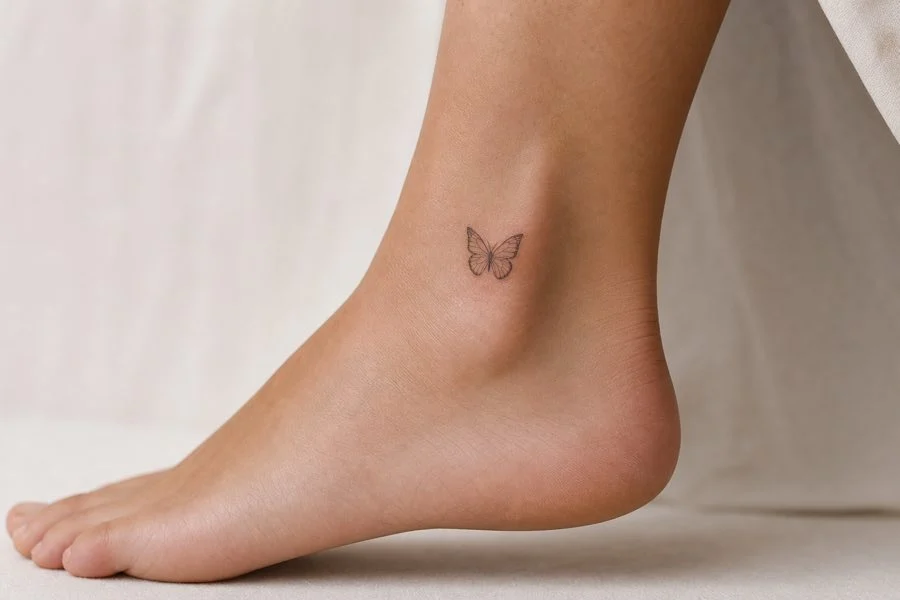 Tatuagem feminina no tornozelo com desenho delicado em fine line