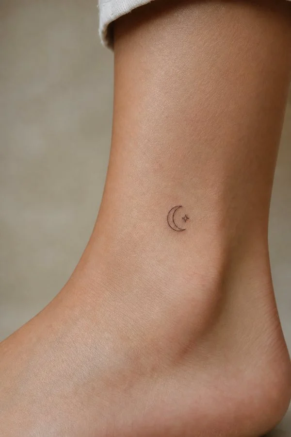 Tatuagem feminina no tornozelo com mandala ornamental delicada