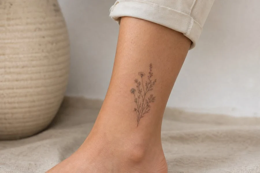 Tatuagem feminina no tornozelo com onda minimalista e sol pequeno