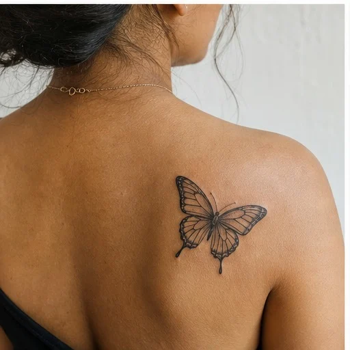 tatuagem de borboleta fine line no ombro feminino