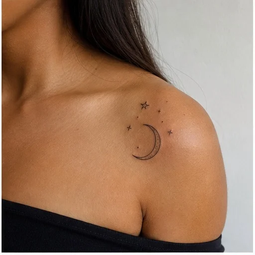 tatuagem minimalista no ombro feminino com lua e estrelas