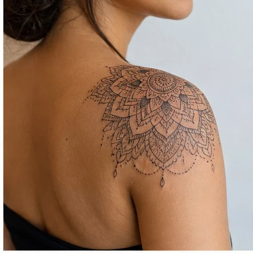 tatuagem feminina no ombro em estilo mandala ornamental