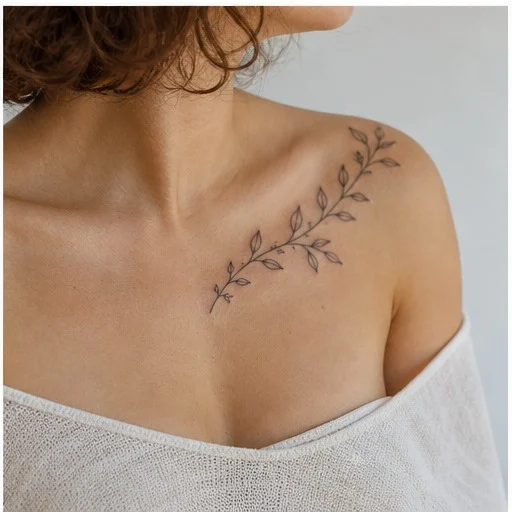 tatuagem botanica feminina no ombro seguindo a linha da clavicula