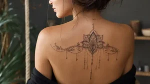 Tatuagem ornamental feminina nas costas com mandala, renda e pontilhismo