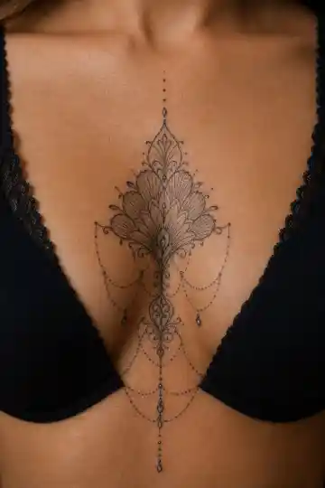 Tatuagem ornamental feminina no esterno com traços finos e renda