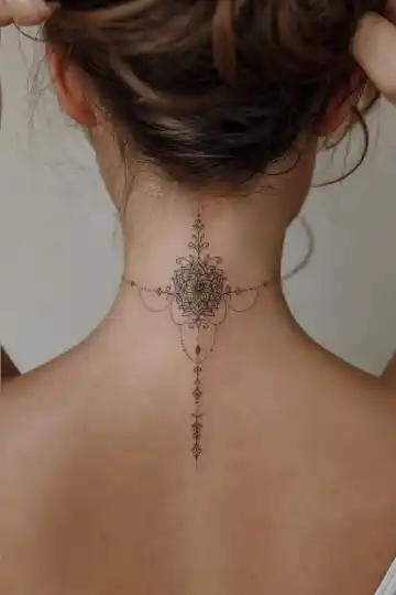Tatuagem ornamental feminina na nuca com mandala pequena e pingente delicado