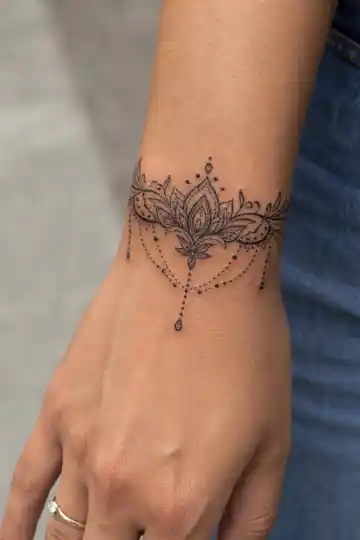 Tatuagem ornamental feminina no pulso em formato de bracelete delicado