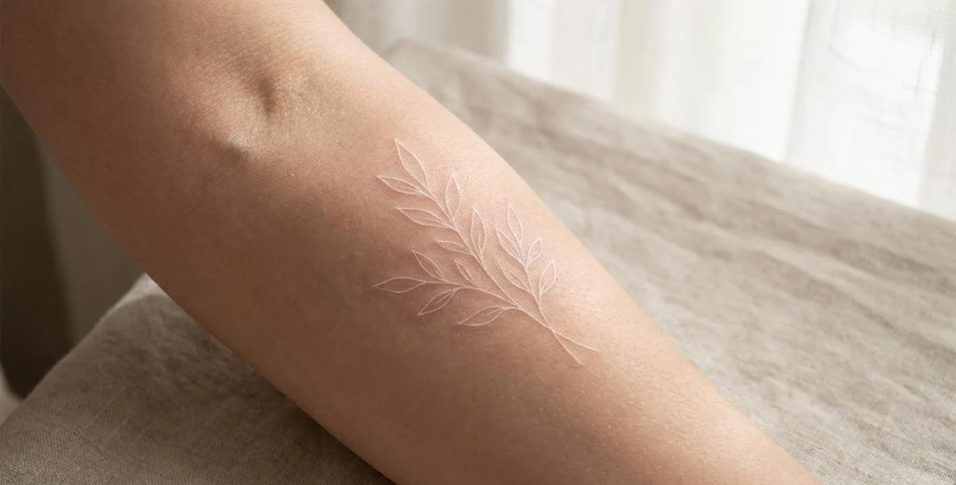 Tatuagem de tinta branca (white ink) delicada no antebraço feminino
