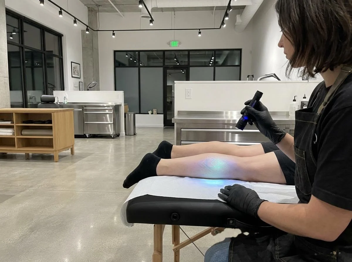 Tatuador usando lanterna UV para revelar tatuagem blacklight na perna