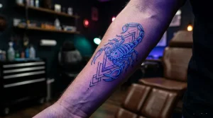 Tatuagem UV (blacklight) brilhando sob luz negra em estúdio