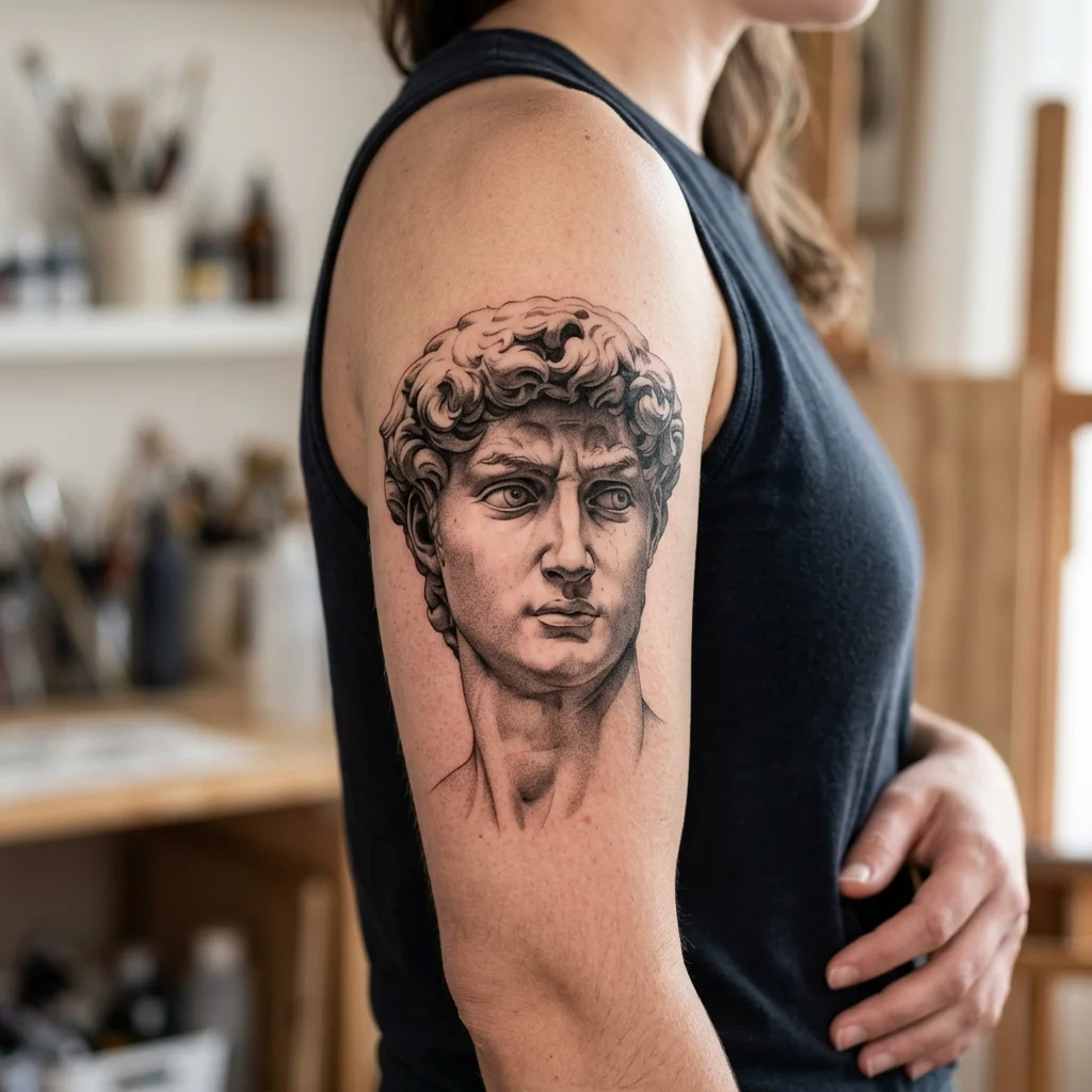 Tatuagem microrealista de estátua clássica renascentista no braço.