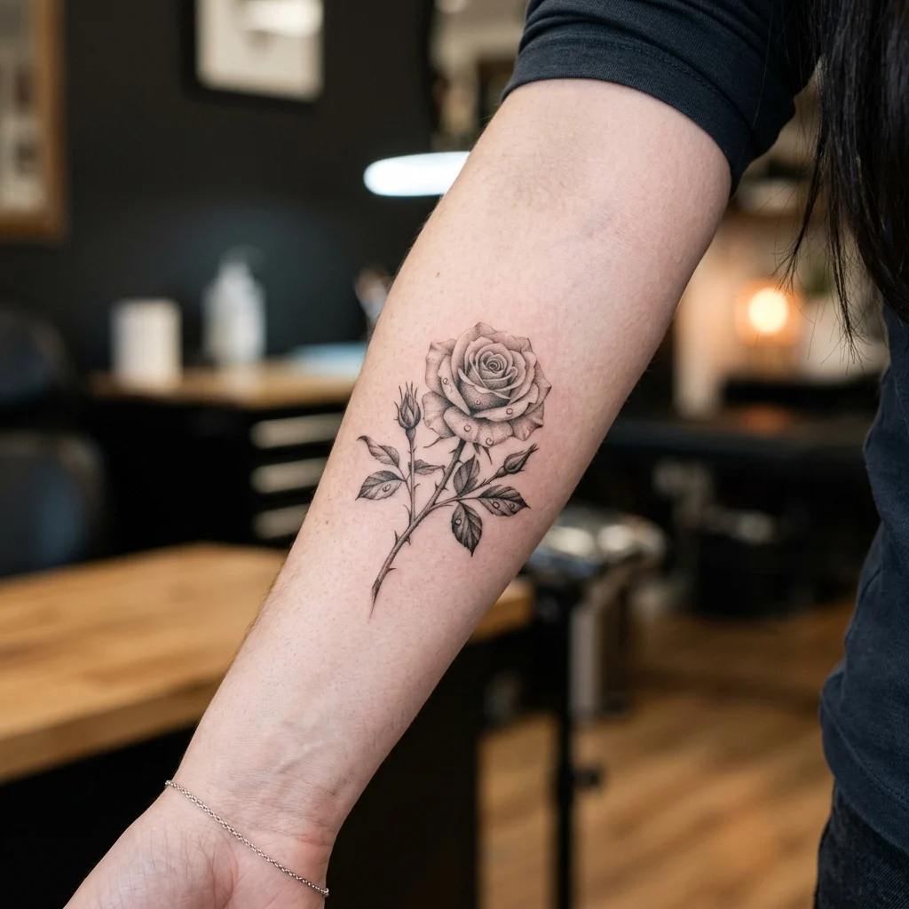 Tatuagem microrealista feminina delicada e ultra-detalhada no antebraço.