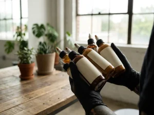 Tinta vegana para tatuagem em frascos segurados por tatuador com luvas em estúdio
