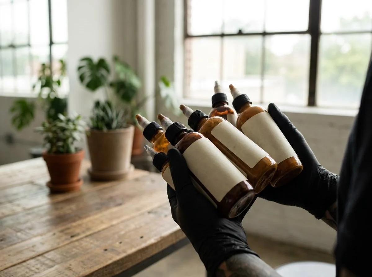 Tinta vegana para tatuagem em frascos segurados por tatuador com luvas em estúdio