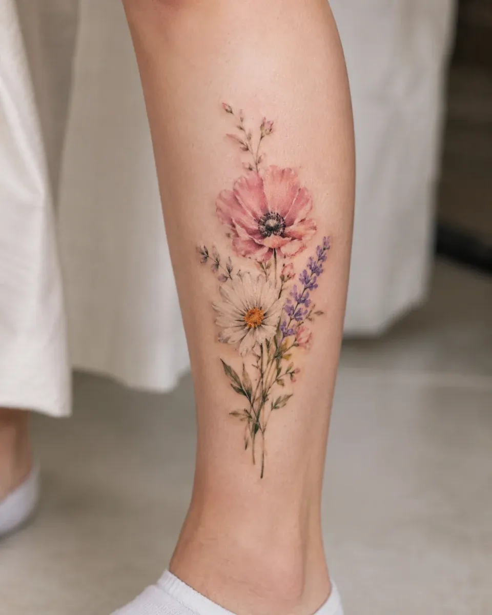 Tatuagem floral na panturrilha feminina: estilos, símbolos e cuidados