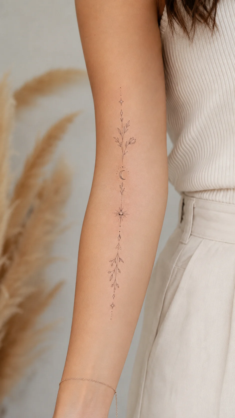 Close-up de um antebraço feminino com tatuagem minimalista de traço fino.