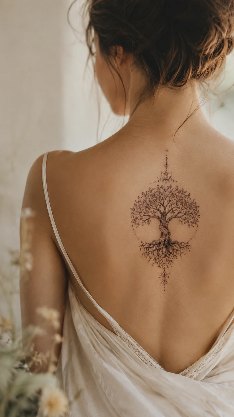 Tatuagem delicada de árvore da vida com estilo feminino e elegante.