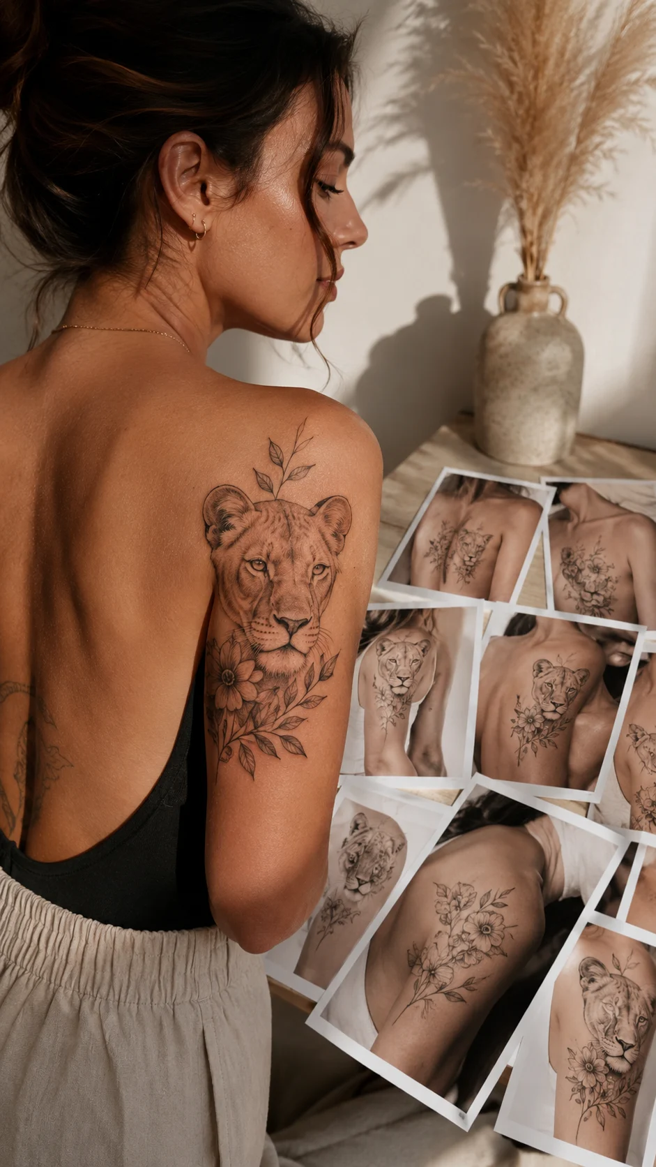 Mulher com tatuagem delicada de leoa no antebraço, em ambiente de estúdio minimalista.