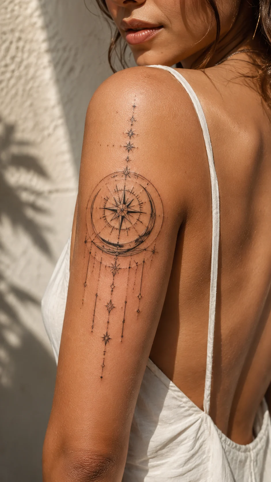 Mulher a olhar para uma tatuagem discreta com inspiração astrológica no braço.