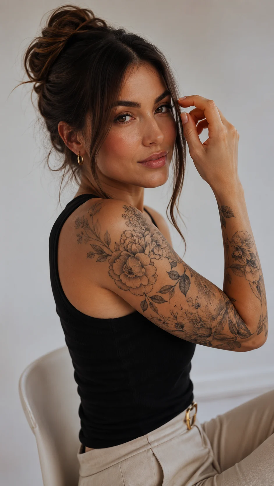 Braço feminino com tatuagens discretas e elegantes em estilo sofisticado.