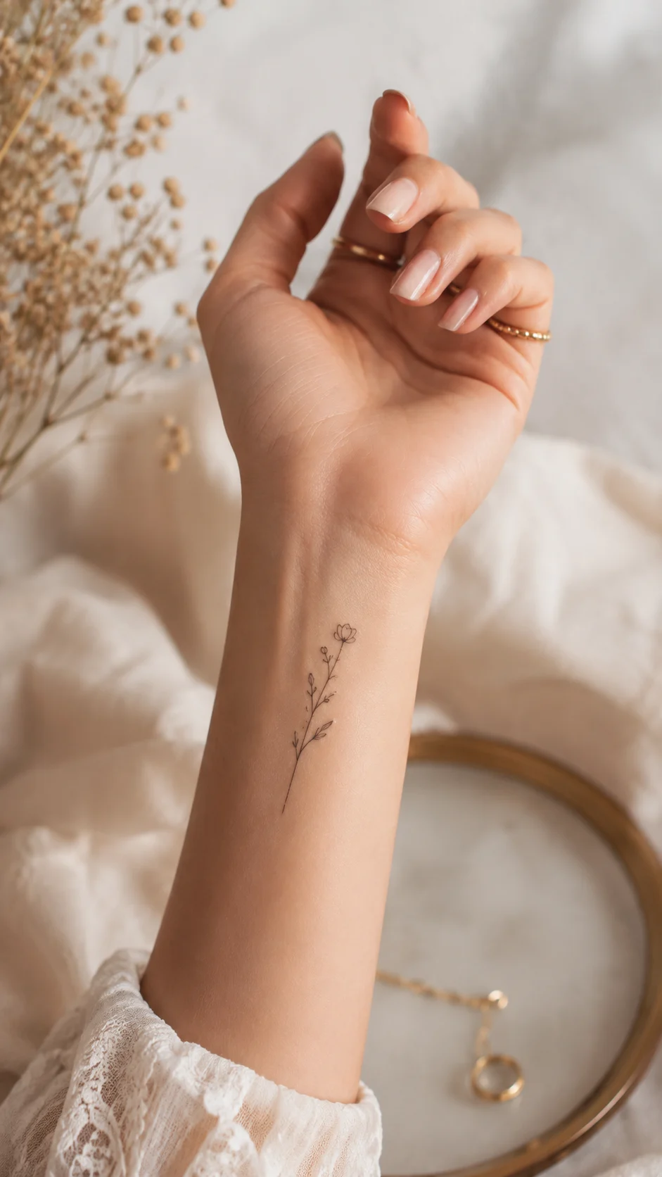 Pulso feminino com uma tatuagem pequena e delicada em ambiente elegante.